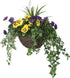 Artificial Purple and Yellow Pansy Display in a 12" Round Willow Hanging Basket